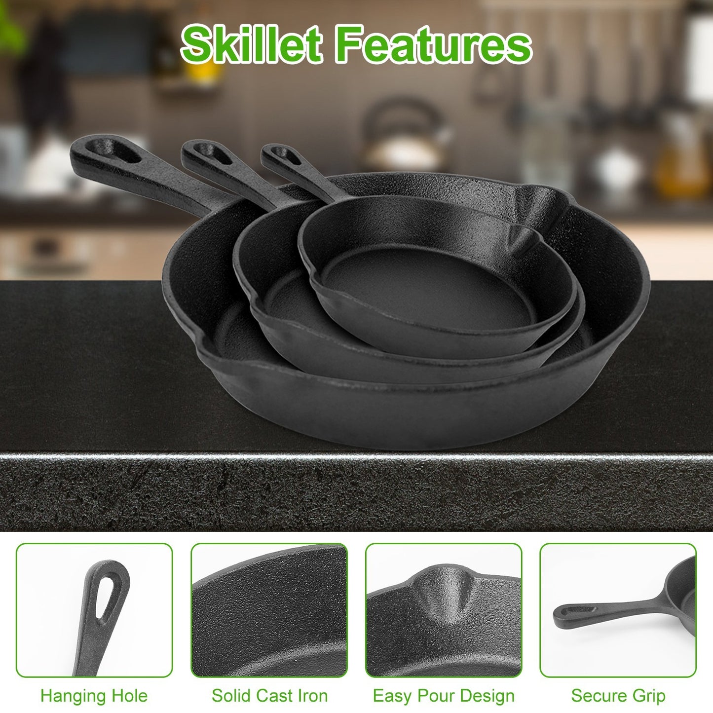 Pre-Seasoned Cast Iron Skillet Set - 3 Piece (6", 8", 10") Non-Stick Cookware