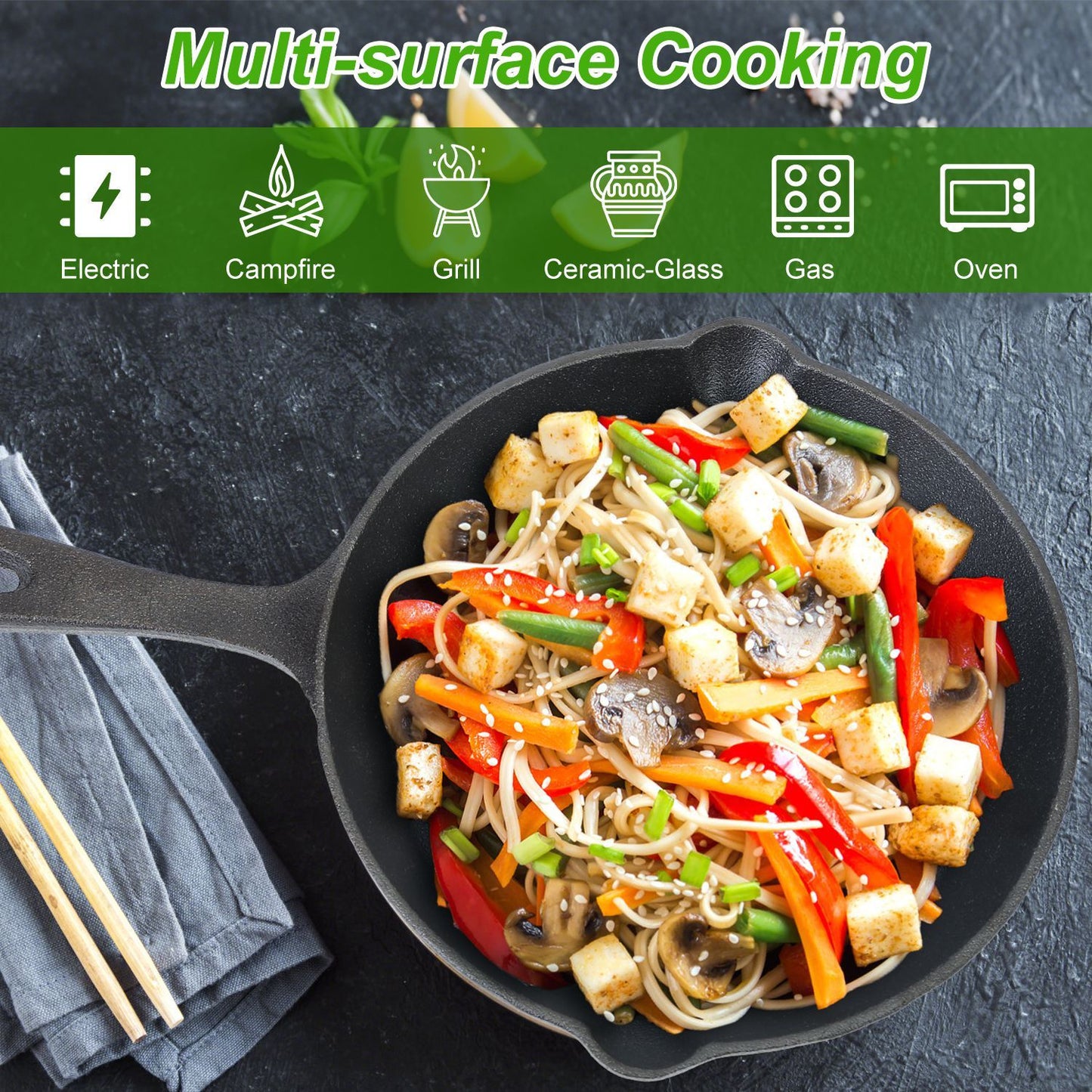 Pre-Seasoned Cast Iron Skillet Set - 3 Piece (6", 8", 10") Non-Stick Cookware
